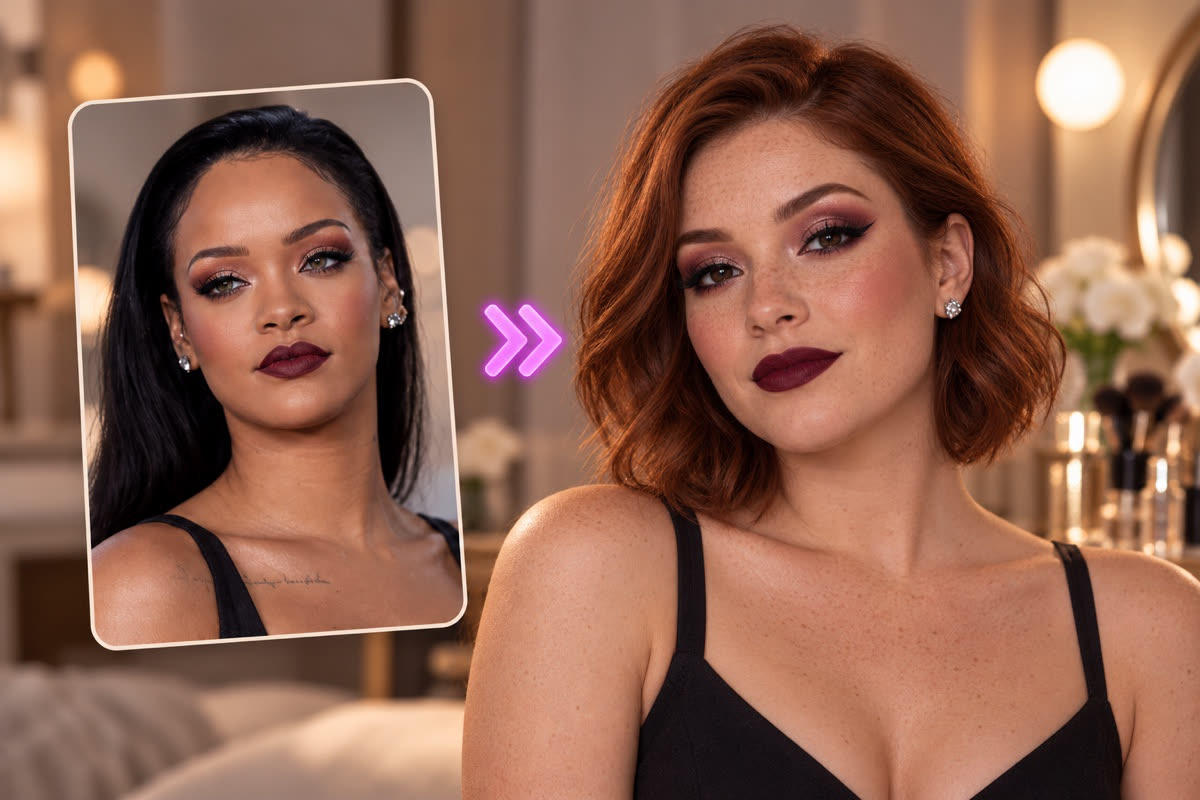 Stylingmate promotional illustration showing a reference makeup look beside a look adapted to another face.
