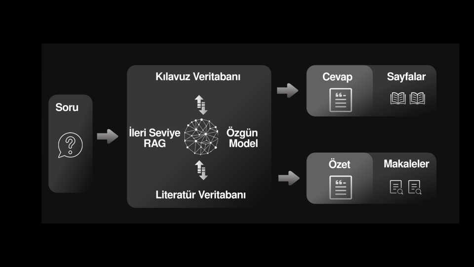 HEKADES diagram showing a question, guideline and literature databases, a retrieval model, and sourced answer and summary outputs.