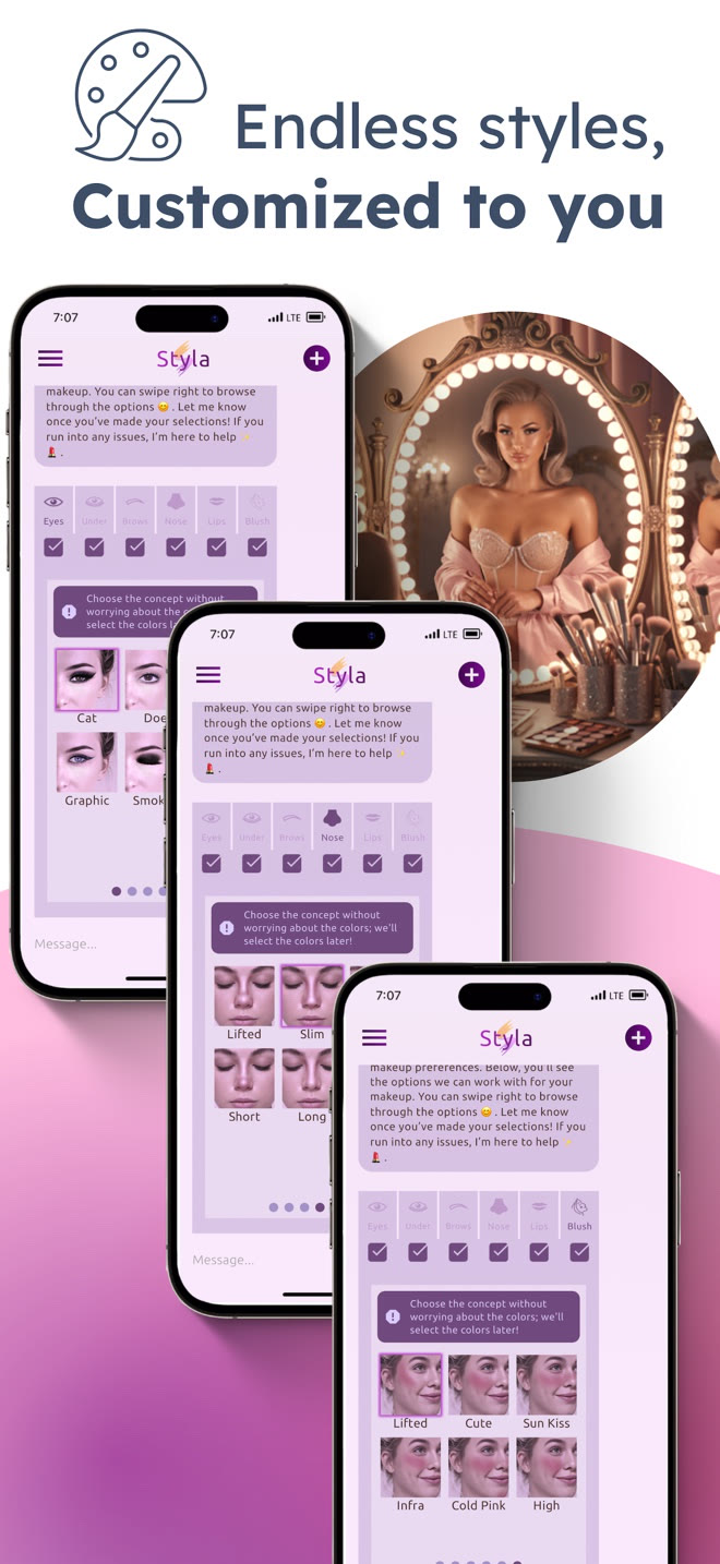 Stylingmate App Store screenshot showing feature preferences and makeup look selections across three app screens.